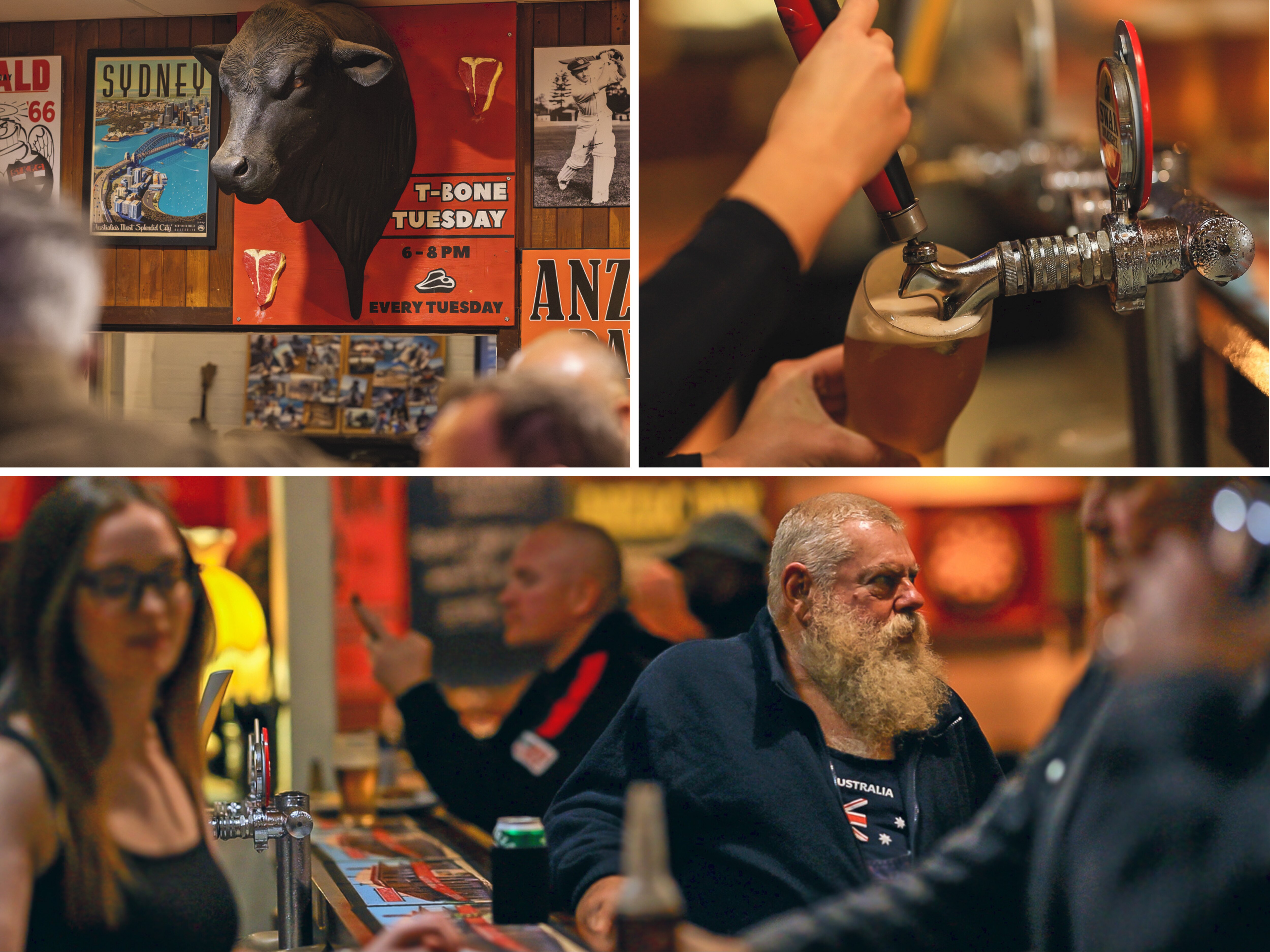 A sign with a cows head says 'T-bone Tuesday'; beer being poured; a man with a long beard sitting at the bar.