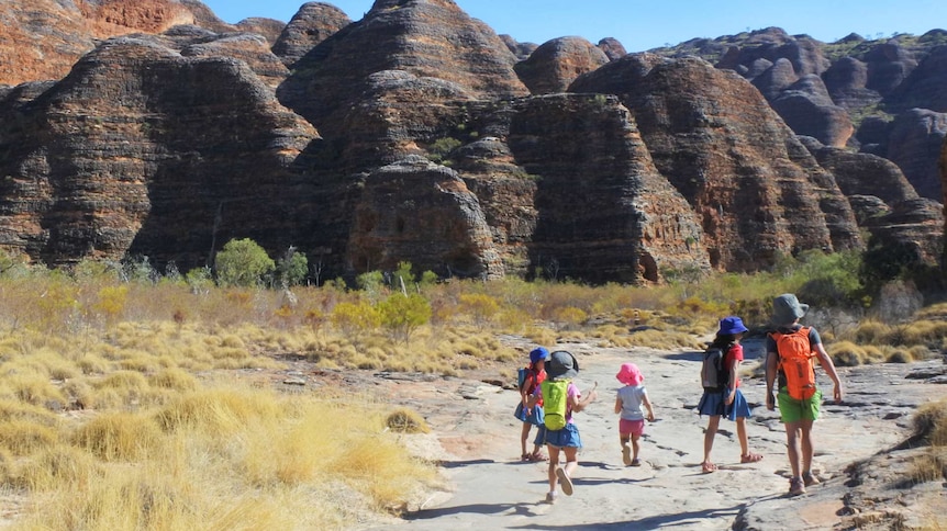 A group of five young children of various ages walk towards large, mountainous rock formations on a sunny day.