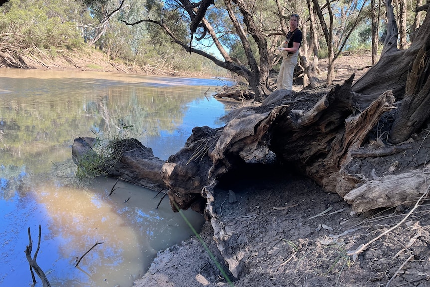 A man in overalls using a syringe to take water from a muddy river