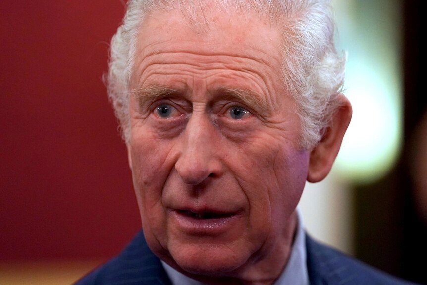 A close up shot of Prince Charles as he stares off camera looking surprised.