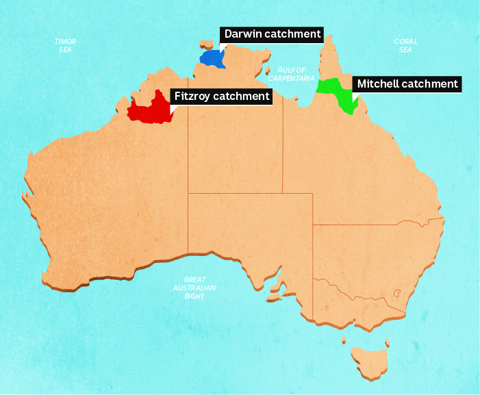 A map of Australia highlighting areas in northern Queensland, the Northern Territory and Western Australia.