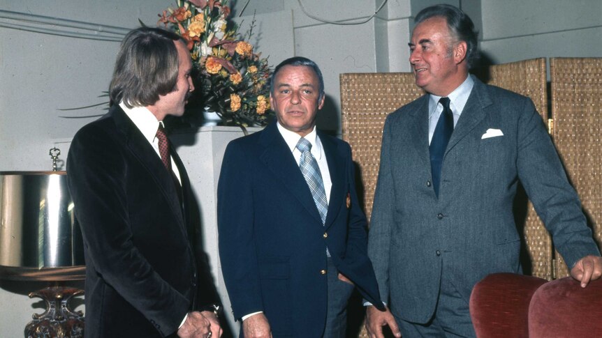 Frank Sinatra, Gough Whitlam, and Sinatra's concert producer, Robert Raymond in Melbourne in 1974.