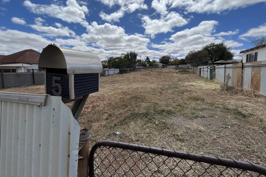 A letterbox on a gray fence in front of an empty grass lot