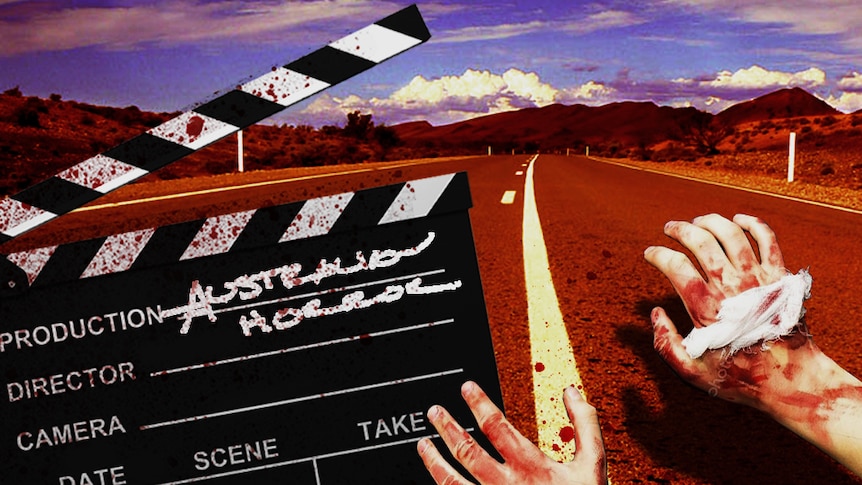 A graphic illustration of the outback with a movie clapper board splattered with blood.