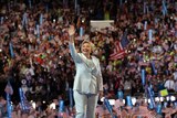 Hilary waves to the crowd at Democratic Convention