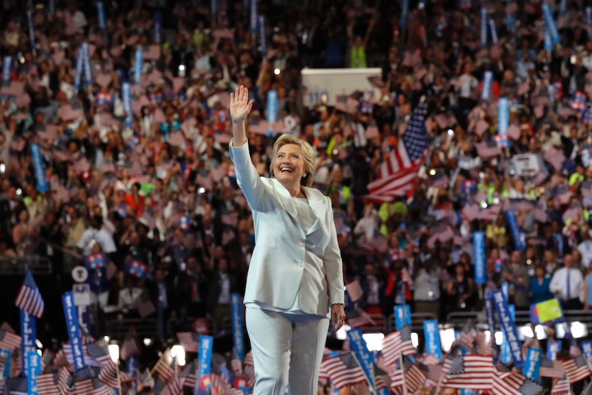 Hilary waves to the crowd at Democratic Convention