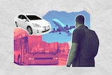 A graphic showing a man, a bus, a car and a plane