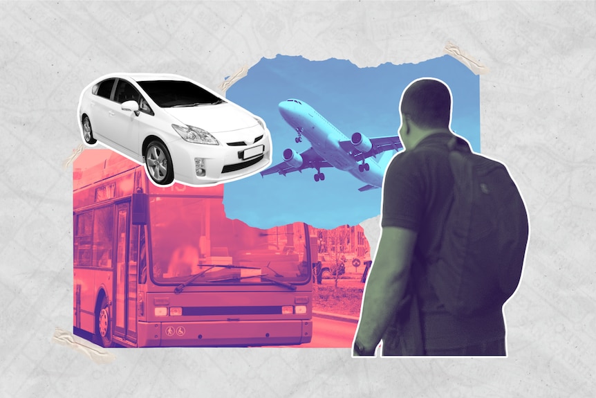A graphic showing a man, a bus, a car and a plane