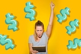 A woman celebrates with her hand in the air against a yellow background with dollar signs.
