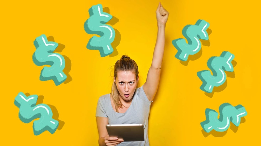 A woman celebrates with her hand in the air against a yellow background with dollar signs.
