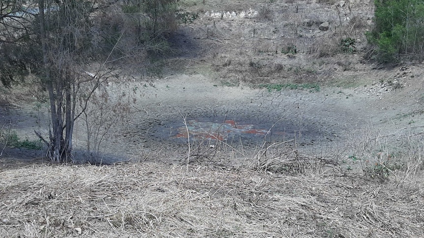 An empty dam in a near colourless dry landscape.