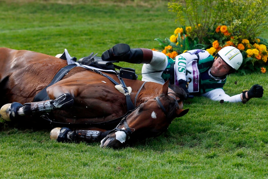 Clayton Fredericks lays near his horse, Bendigo, after a fall in the Eventing Cross Country.