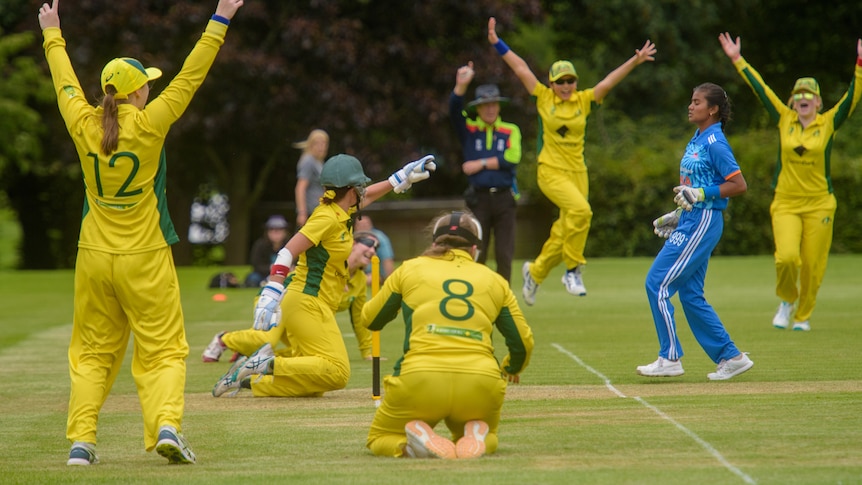 Several Australian blind cricketers have their arms in the air celebrating the wicket of an Indian batter.