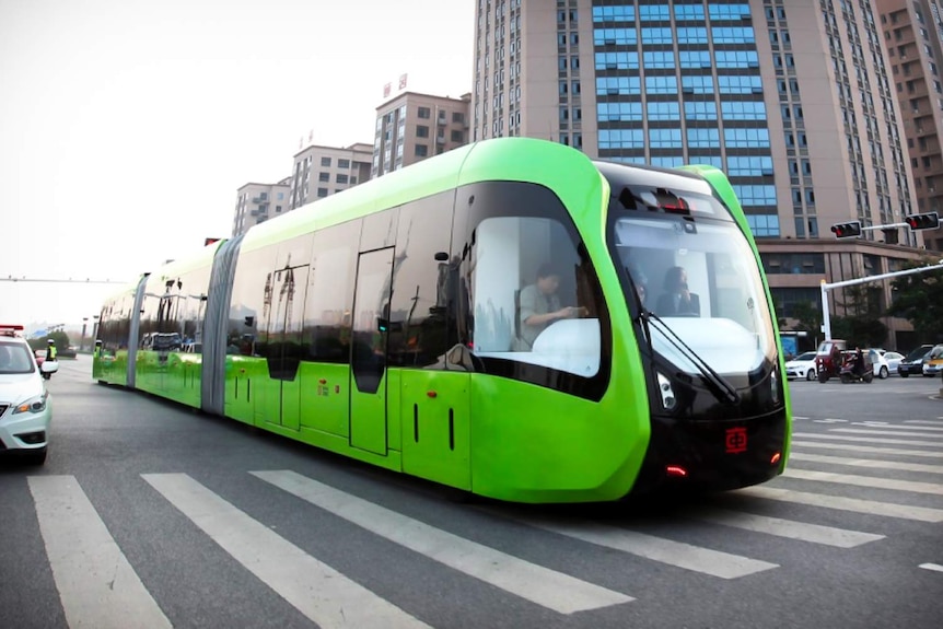 A trackless tram is being tested in China.
