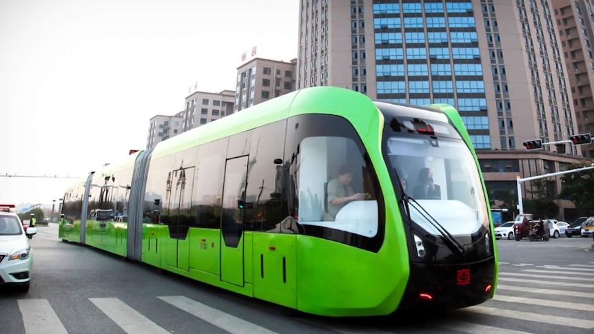 A trackless tram is being tested in China.