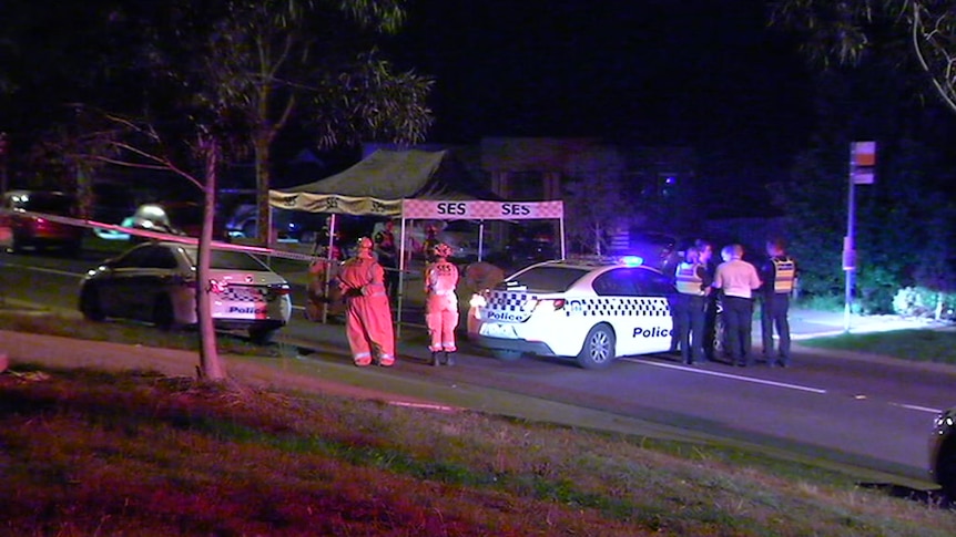 Several police and SES personnel stand near two police cars and an SES tent at night in a suburban street.