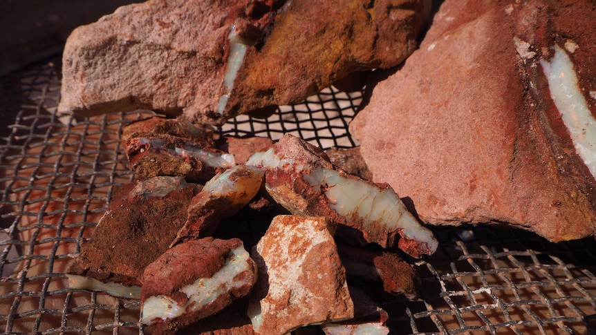 Bright crystal-coloured opal sits in a metal pan, with sandstone rocks of varying sizes