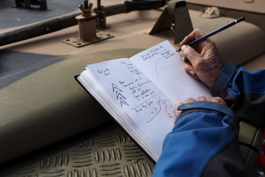 A man's hands writes and draws diagrams with a pencil on the pages of a book