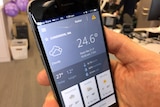 Weather information is displayed on a smartphone held in a man's hand