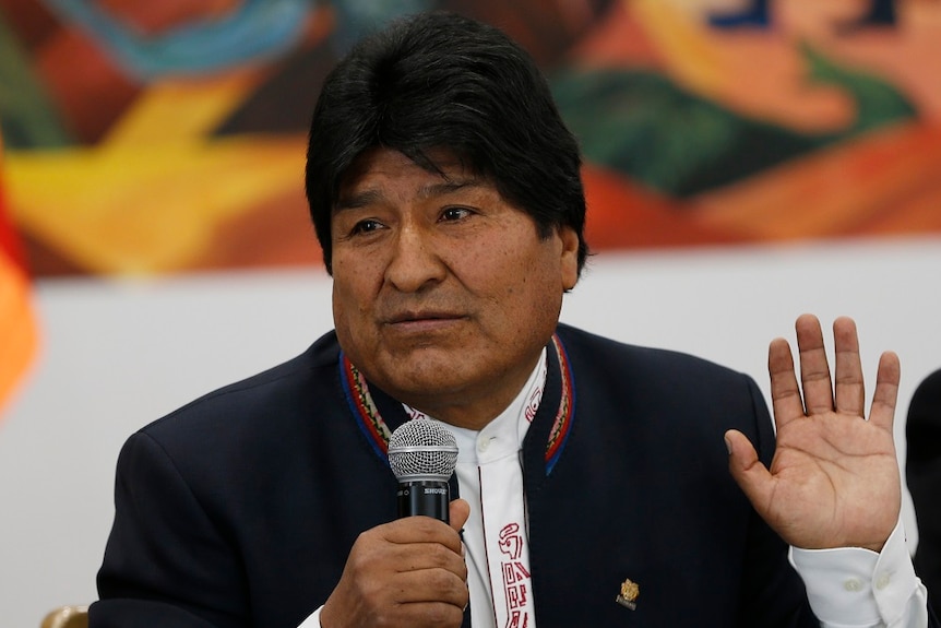 Bolivia's President Evo Morales speaking in a mic.