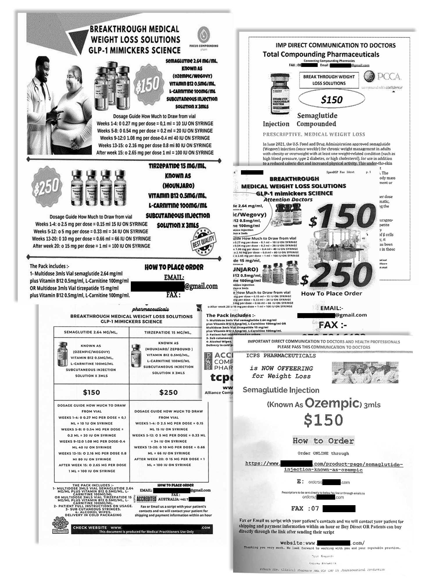 Five pieces of paper with advertisments offering medications with lots of text and some images of vials. All list the same price
