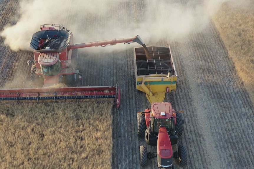 A drone shot capturing a harvest machine at work in a paddock.
