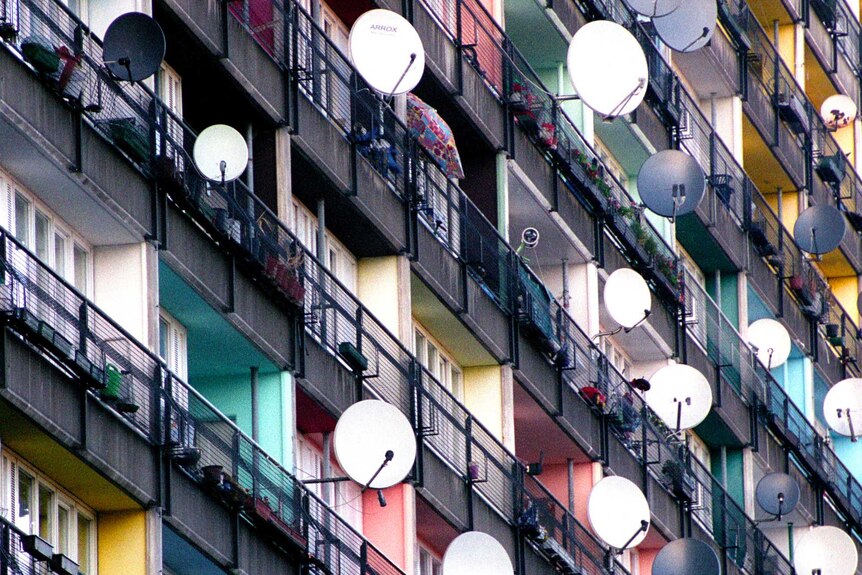 Satellite dishes hanging outside council estate high-rise flats.