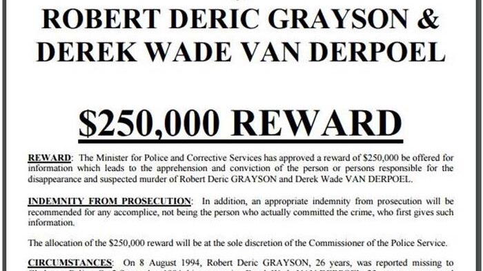Reward poster - Missing - Suspected murder of Robert Deric Grayson and Derek Wade Van Derpoel.