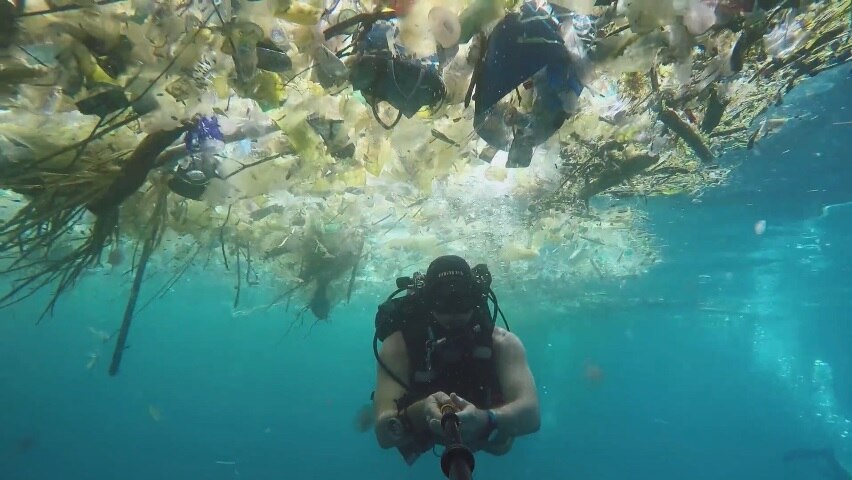Ocean rubbish off Bali coast.