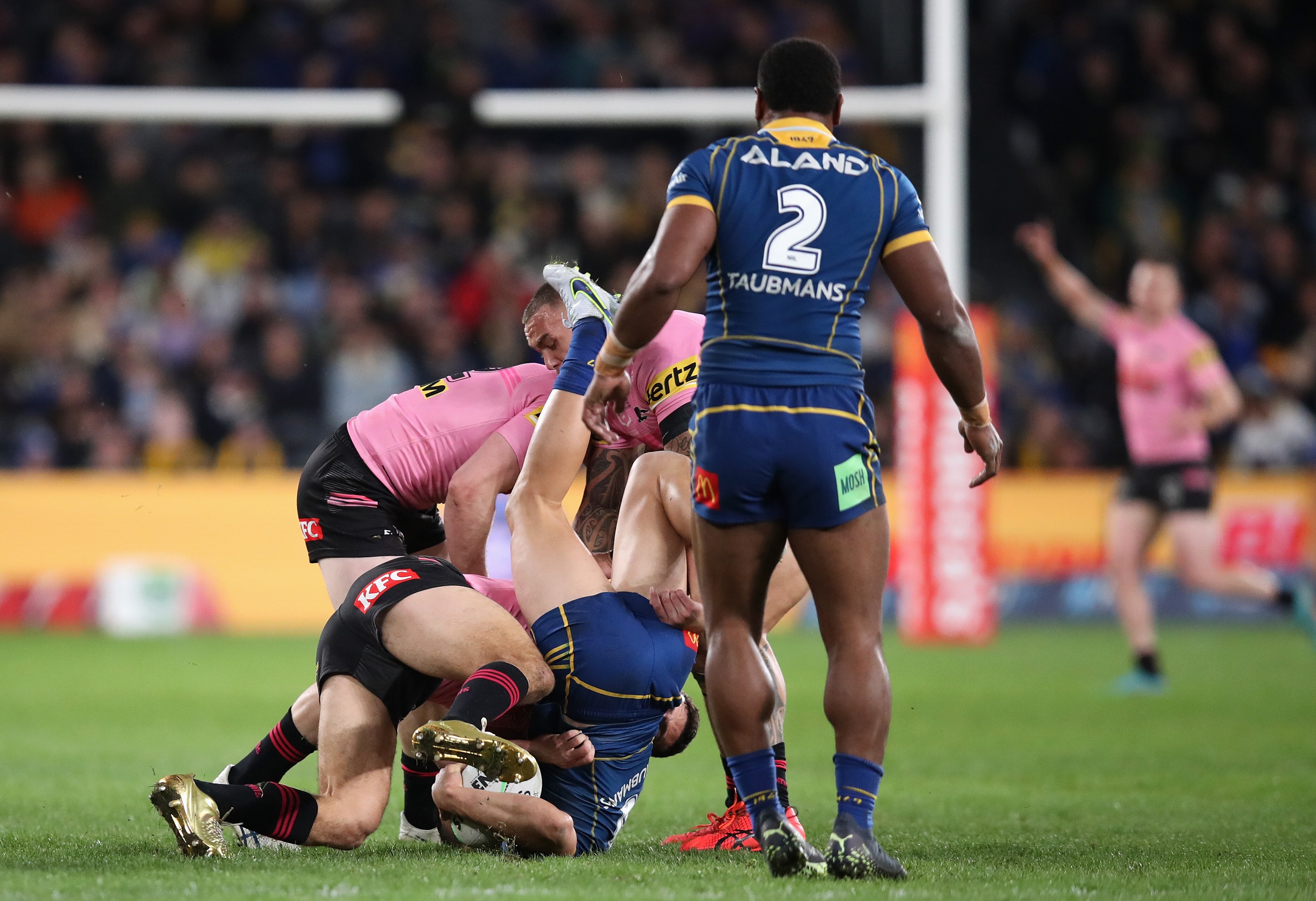 Nathan Cleary tips Dylan Brown onto his head