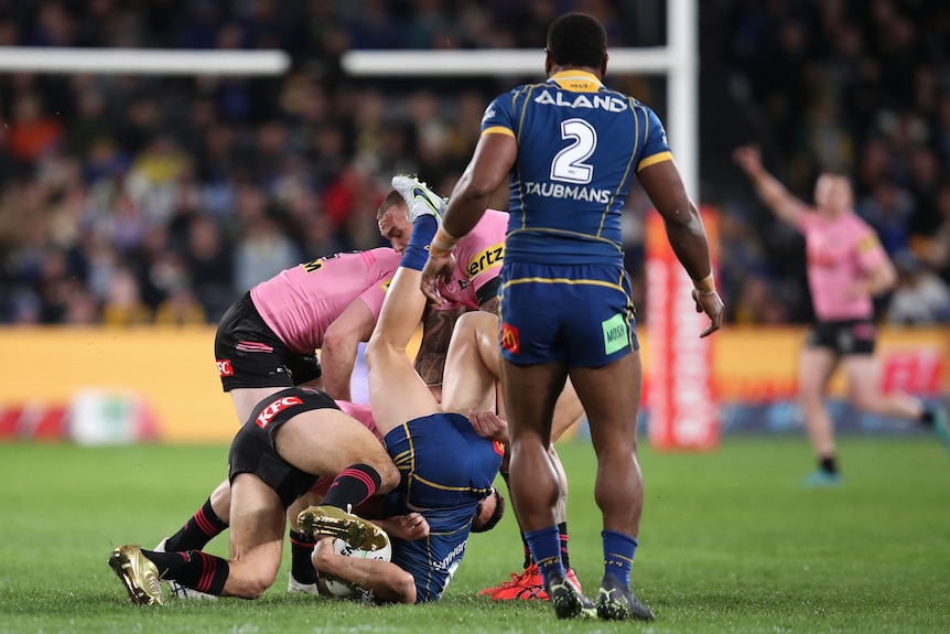 Nathan Cleary tips Dylan Brown onto his head