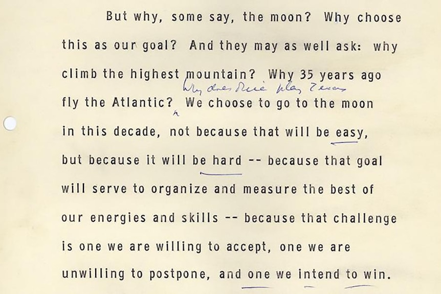 Typed speech notes from JFK's 1962 "we choose to go to the moon speech" delivered at Texas University in 1962