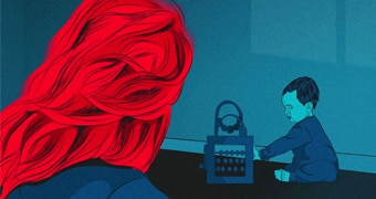 An illustration shows a woman with long red hair watching a young child play.