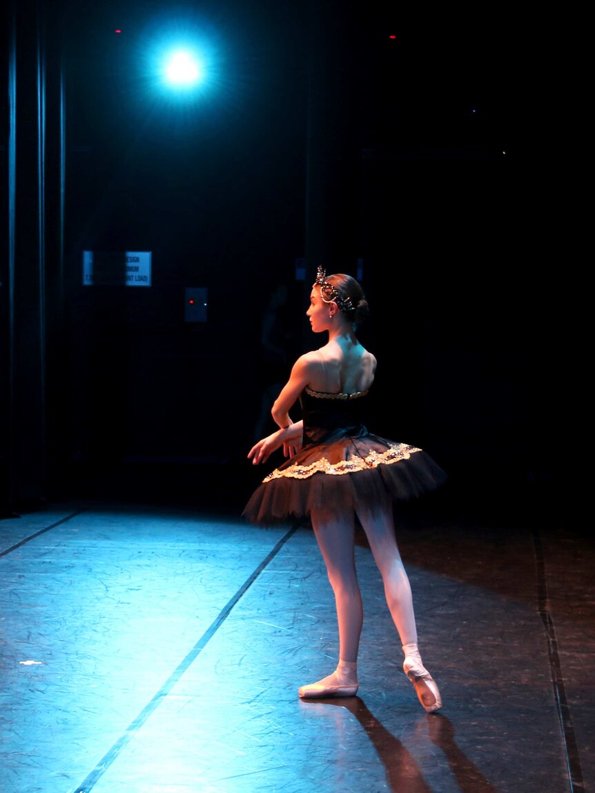 Tyla Steinbach on stage in tutu.