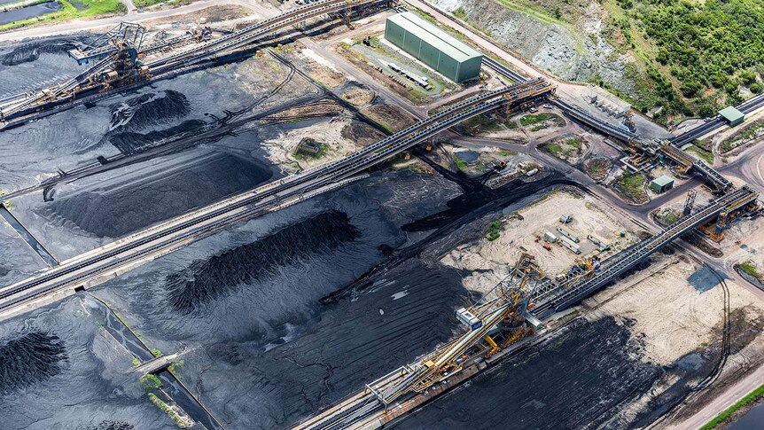 Aerial photo of alleged eroded coal stockpiles and drainage channels at Abbot Point in north Queensland.
