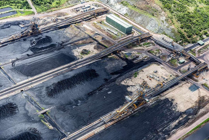 Aerial photo of alleged eroded coal stockpiles and drainage channels at Abbot Point in north Queensland.