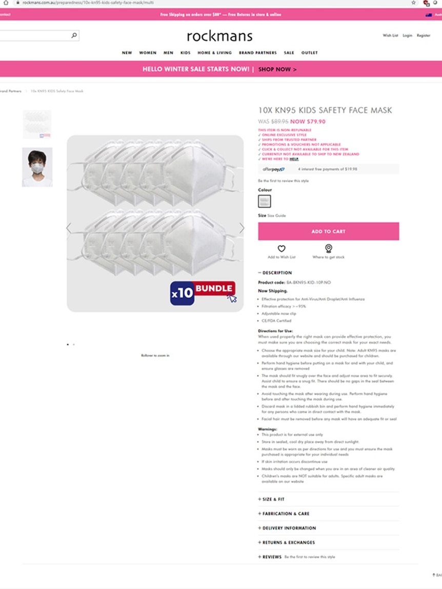 A screenshot of a pack of 10 "KN95 Kids Safety Face Masks" being sold on the Rockmans website for $79.90.
