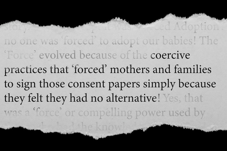 Text on a piece of paper saying mothers were coerced into signing away their babies.