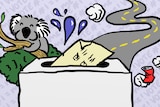 A drawing of a ballot box, koala, a road, rubbish and water drops