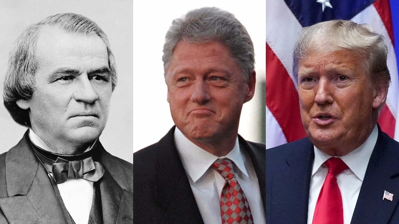 A composite image of Andrew Johnson, Bill Clinton and Donald Trump
