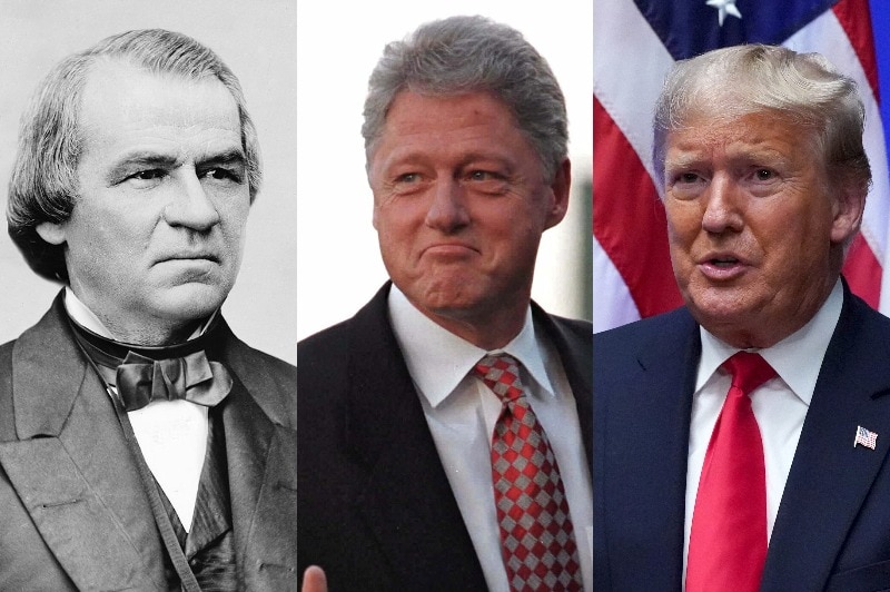 A composite image of Andrew Johnson, Bill Clinton and Donald Trump