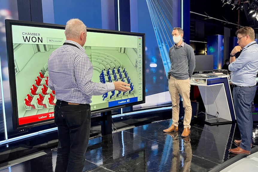 Antony Green, Casey Briggs and Ryan Kerlin fine tune touchscreen ahead of election night coverage in 2022