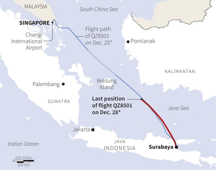 Map showing last position of Air Asia QZ8501