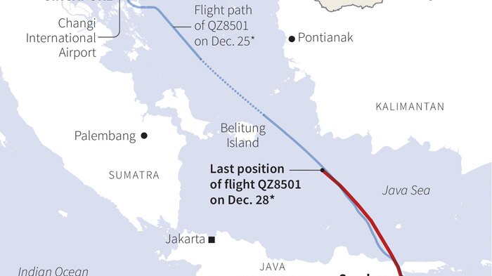 Map showing last position of Air Asia QZ8501