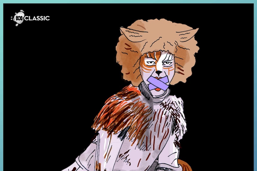 An illustration of a human dressed as a character from the musical "Cats" with an "x' taped across its mouth/