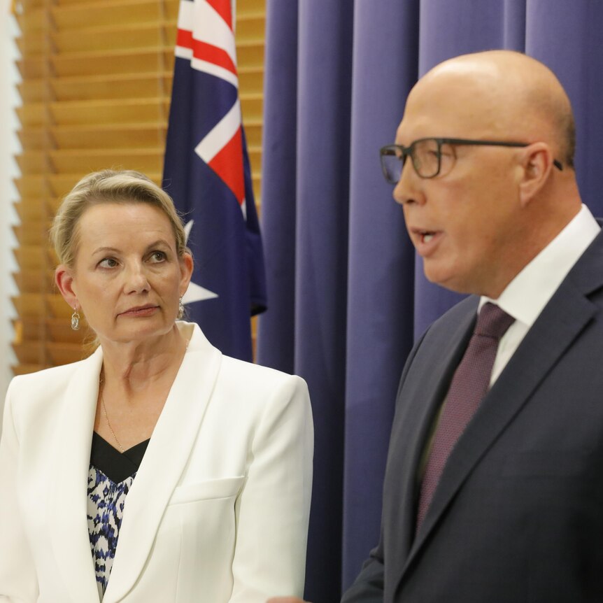Sussan Ley stands next to Peter Dutton as he speaks in front of a blue curtain, an Australian flag is behind them