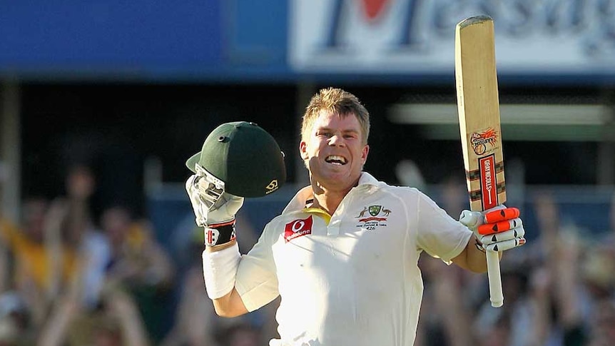 Warner celebrates a whirlwind Test century