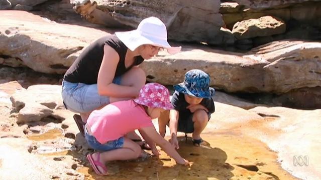 Woman and two children look in rockpools at beach