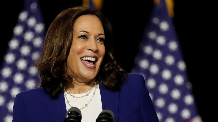 Democratic vice presidential candidate Senator Kamala Harris speaks at a campaign event