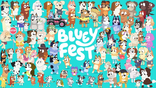 Bluey fest key artwork featuring all of the characters of Bluey in a crowd